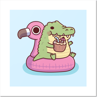 Cute Chubby Crocodile Chilling On Flamingo Pool Float Posters and Art
